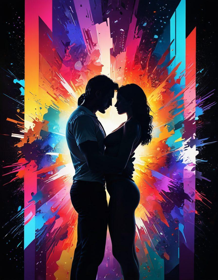 A mesmerizing collage of vibrant 3D video clips showcasing diverse erotic settings, intertwined with silhouettes of couples in passionate embraces. The background features abstract shapes representing digital media, accompanied by playful bursts of colorful pixels. Flickering screens filled with intriguing thumbnails hint at various genres within erotic video sharing. The overall ambiance is both enticing and mysterious, inviting viewers into a world of exploration. super-realistic. vibrant colors. 3D.